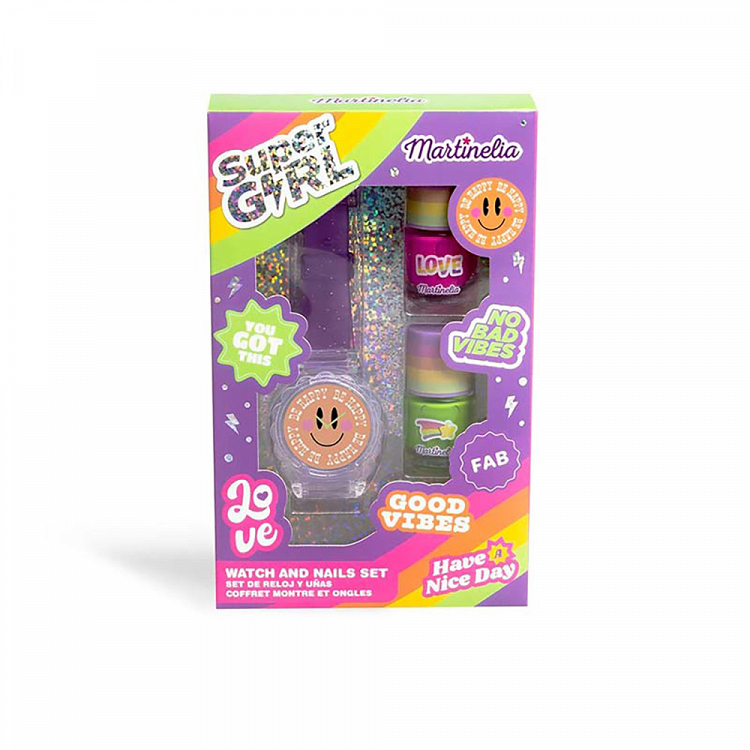 SUPER GIRL Σετ με 2 Βερνίκια Νυχιών & Ρολόι με Lip Gloss